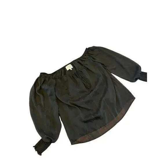 WAYF x BFF Sarah Silver Metallic & Black Off the Shoulder Top Sheer Long Sleeves - Picture 11 of 12